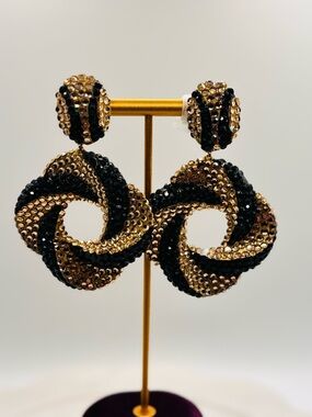 Richard Kerr Vintage Black Gold Rhinestone Statement Clip Earrings